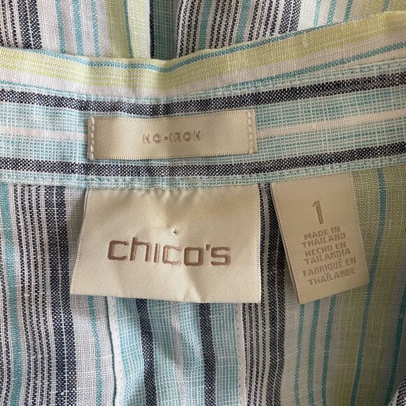 Chicos No-Iron 100% Linen Blue White Green Chevron Striped Button-Up Shirt - Picture 6 of 8
